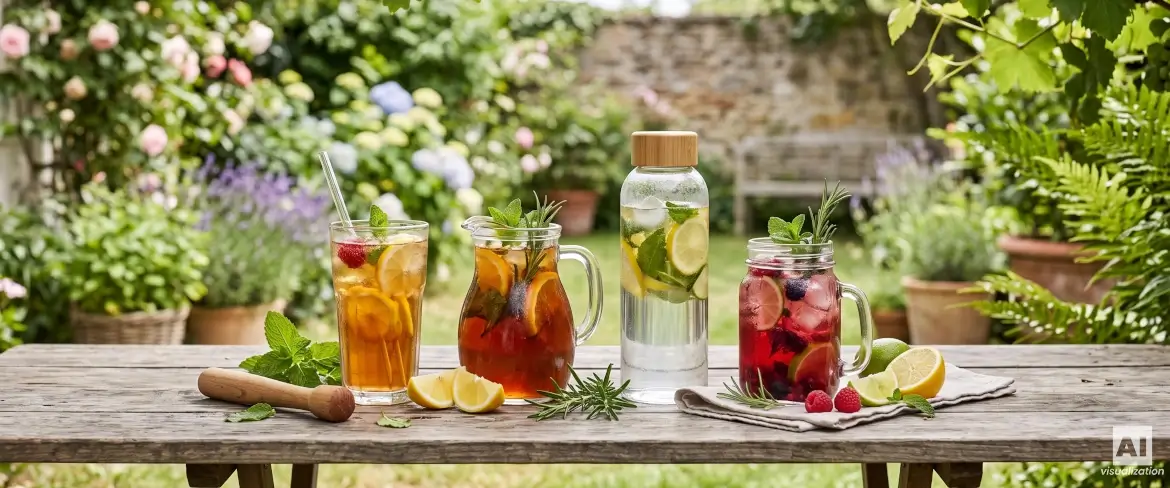 Várias bebidas frescas em copos, jarros, frascos e uma garrafa com fruta e ervas aromáticas.