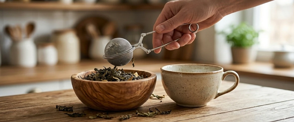 Um infusor de chá em aço com a forma de uma pinça, a retirar folhas soltas de uma taça de madeira