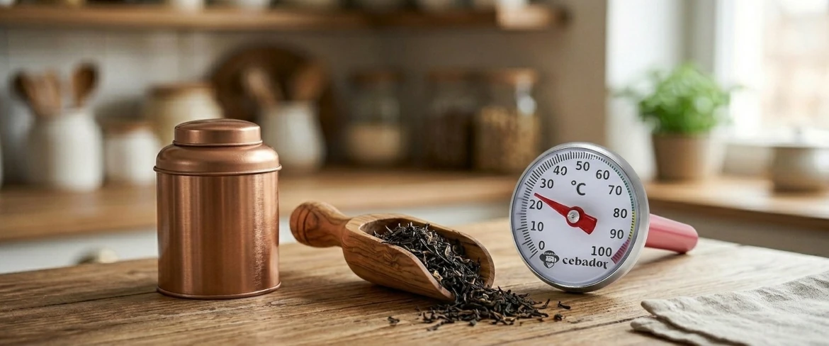 Acessórios essenciais para o chá: uma lata de chá de metal, uma colher de medição de chá de madeira cheia de folhas soltas e um termómetro para chá