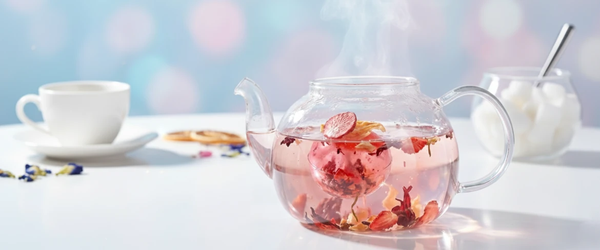 Isomalt bola preparada para infusão – chá cristalino numa chaleira de vidro