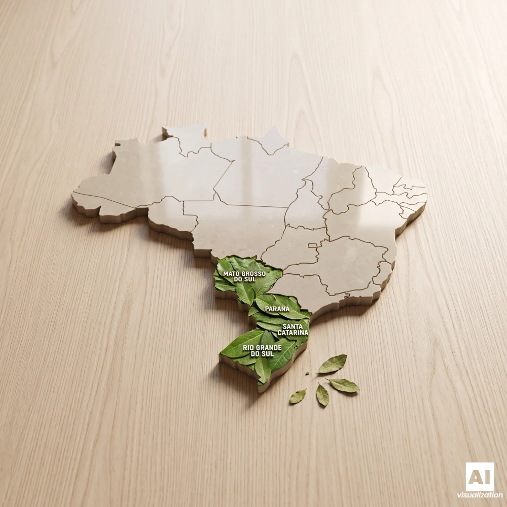 Mapa do Brasil com as regiões de cultivo da erva-mate assinaladas e folhas verdes.