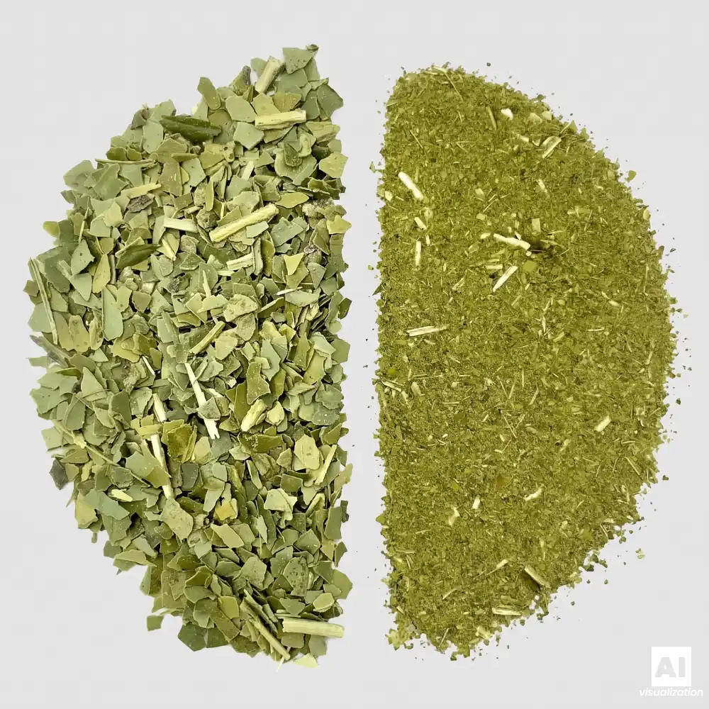 Comparação entre a erva-mate verde «despalada» e o chimarrão finamente moído.