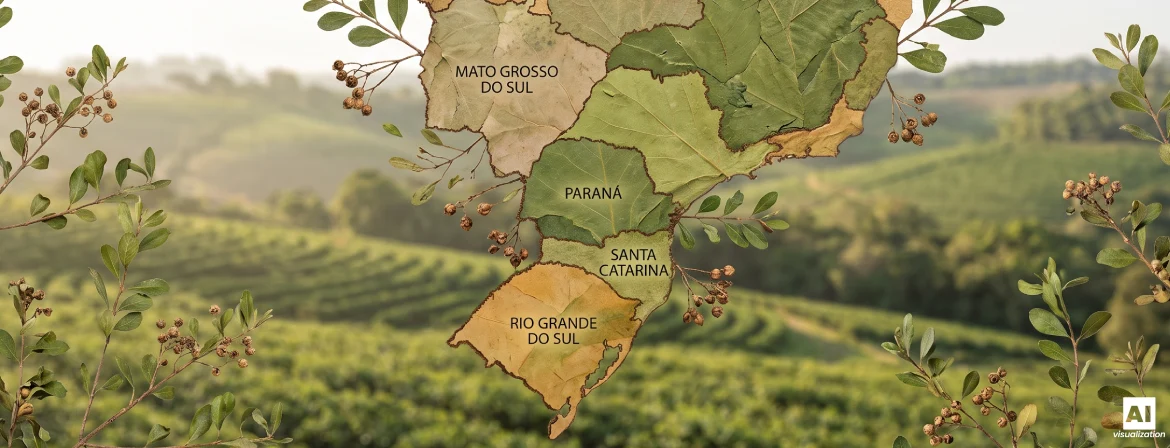 Mapa das regiões produtoras de erva-mate no Brasil, com um fundo composto por plantações e folhas de erva-mate.