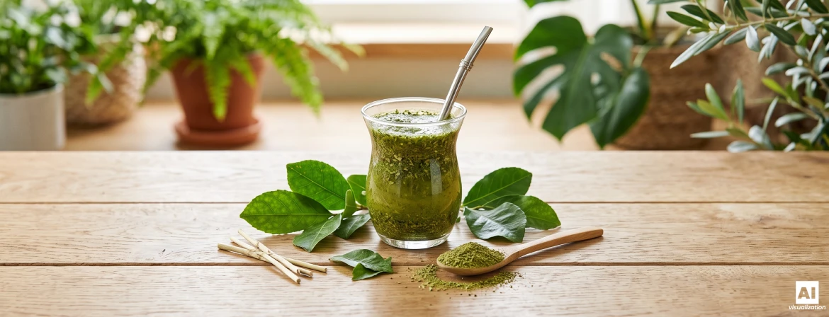 Recipiente de vidro com erva-mate verde brasileira, folhas de erva-mate e uma folha verde seca numa colher.