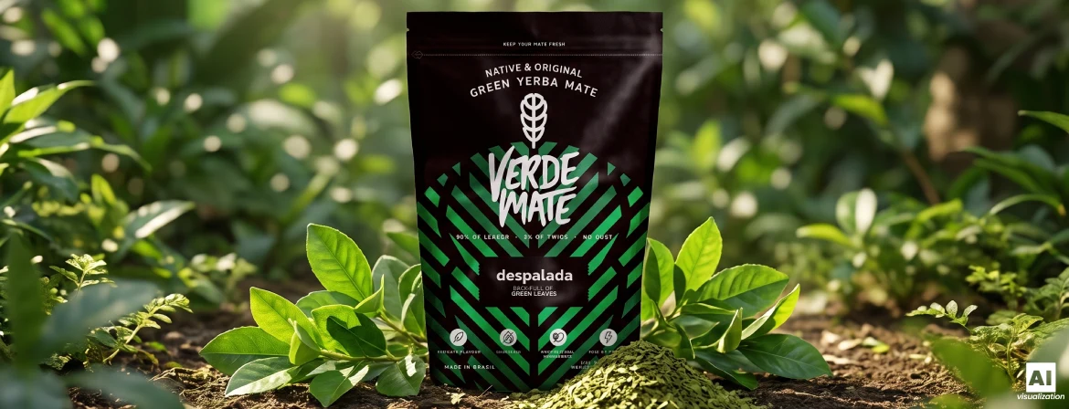 Embalagem doypack de «Verde Mate Green Despalada» entre folhas frescas e erva-mate verde seca.