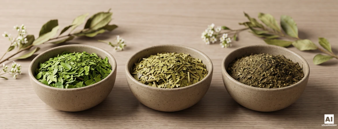 Três taças de folhas secas de erva-mate com diferentes cores, graus de finura e intensidades.