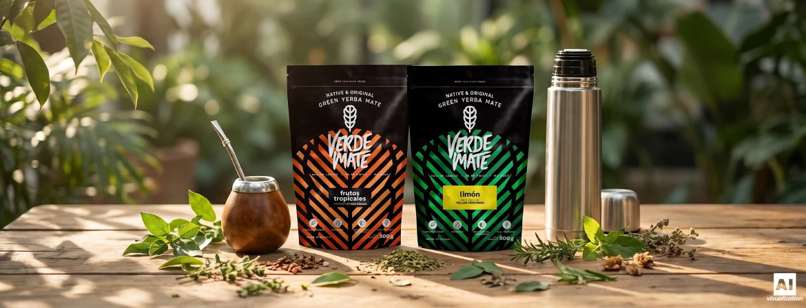 Conjunto para preparar erva-mate brasileira com uma cuia, uma bombilha, um termo e embalagens «doypack» da marca Verde Mate.
