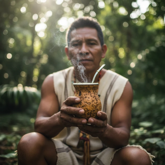 Homem guaraní a beber erva-mate de um cantil tradicional, rodeado por vegetação tropical