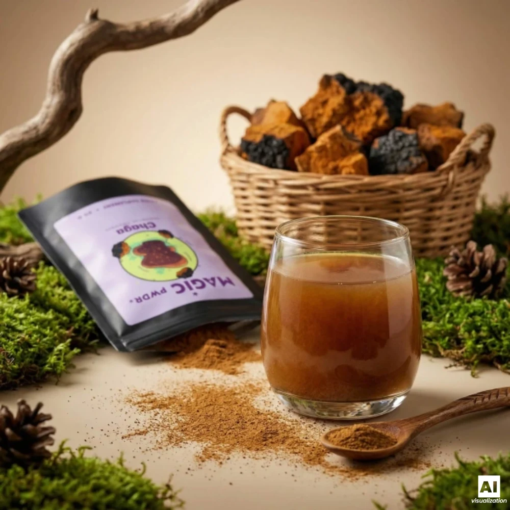 Magic Pwdr Chaga, extrato de corpo frutífero na proporção de 10:1, em pó.
