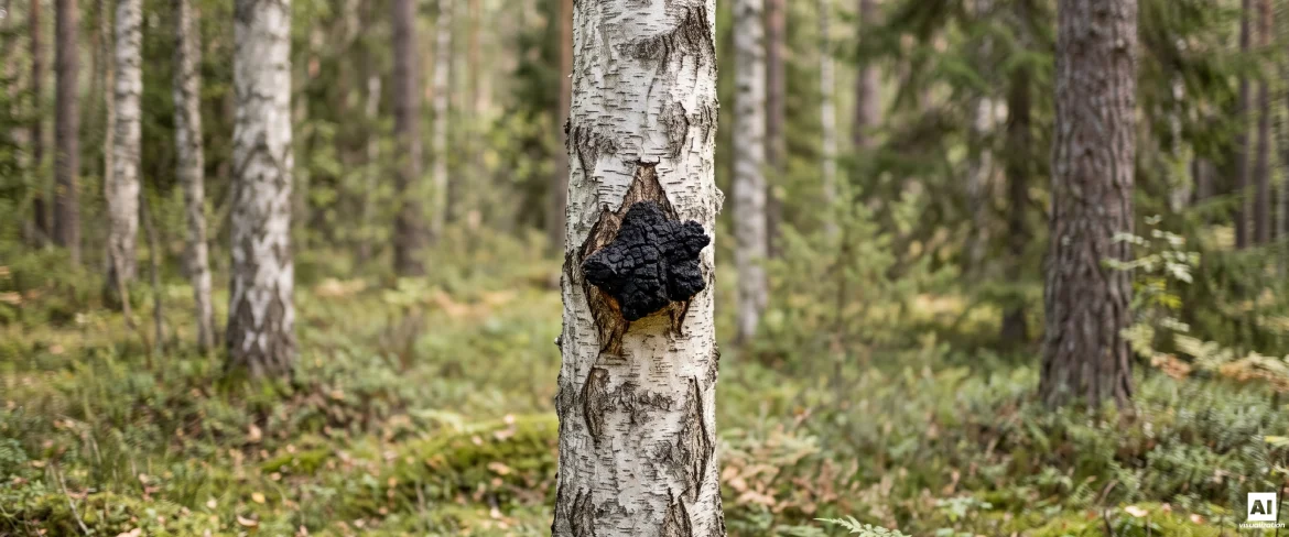 Crescimento de chaga preta num tronco de bétula numa floresta do norte.