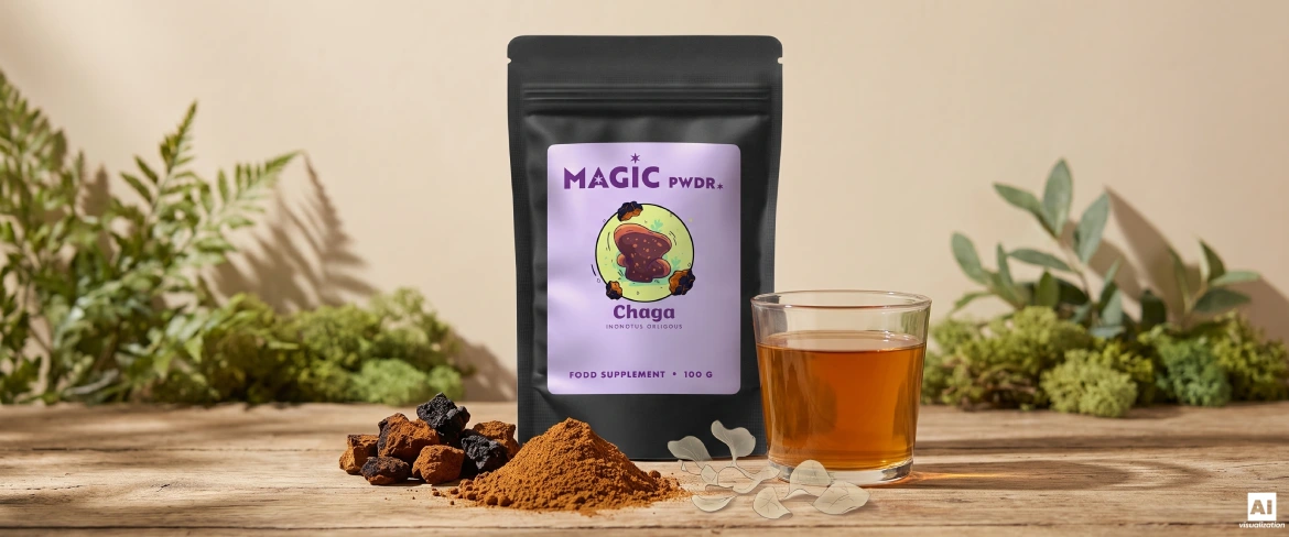 Extrato de chaga em pó, pedaços de cogumelo seco e uma infusão ao lado de uma embalagem doypack da Magic Pwdr.