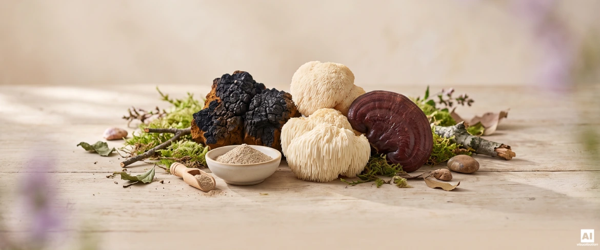 Chaga, crista-de-leão e reishi, como exemplos de cogumelos funcionais.