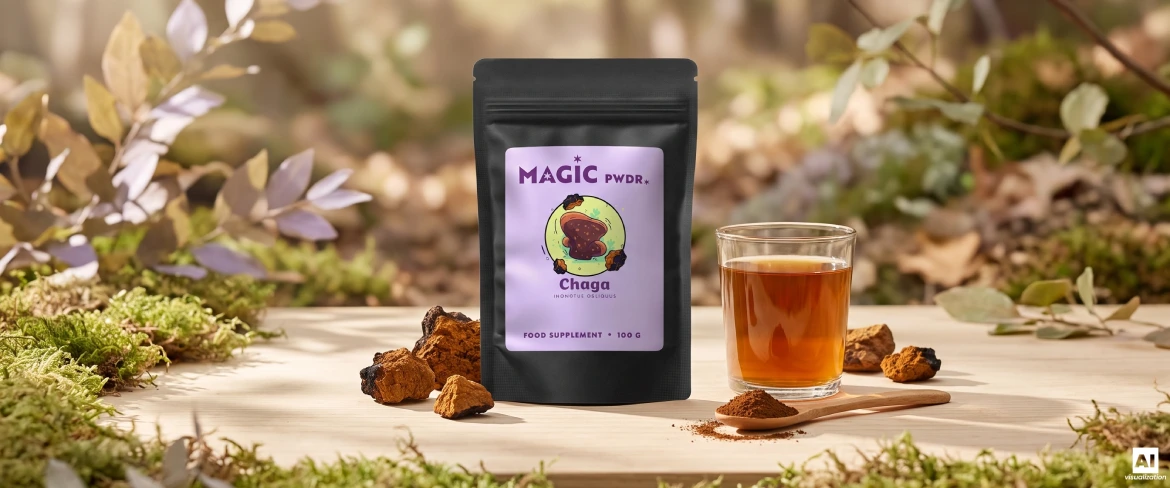 Embalagem tipo «doypack» de Magic Pwdr Chaga, extrato em pó, pedaços de cogumelo seco e uma infusão.