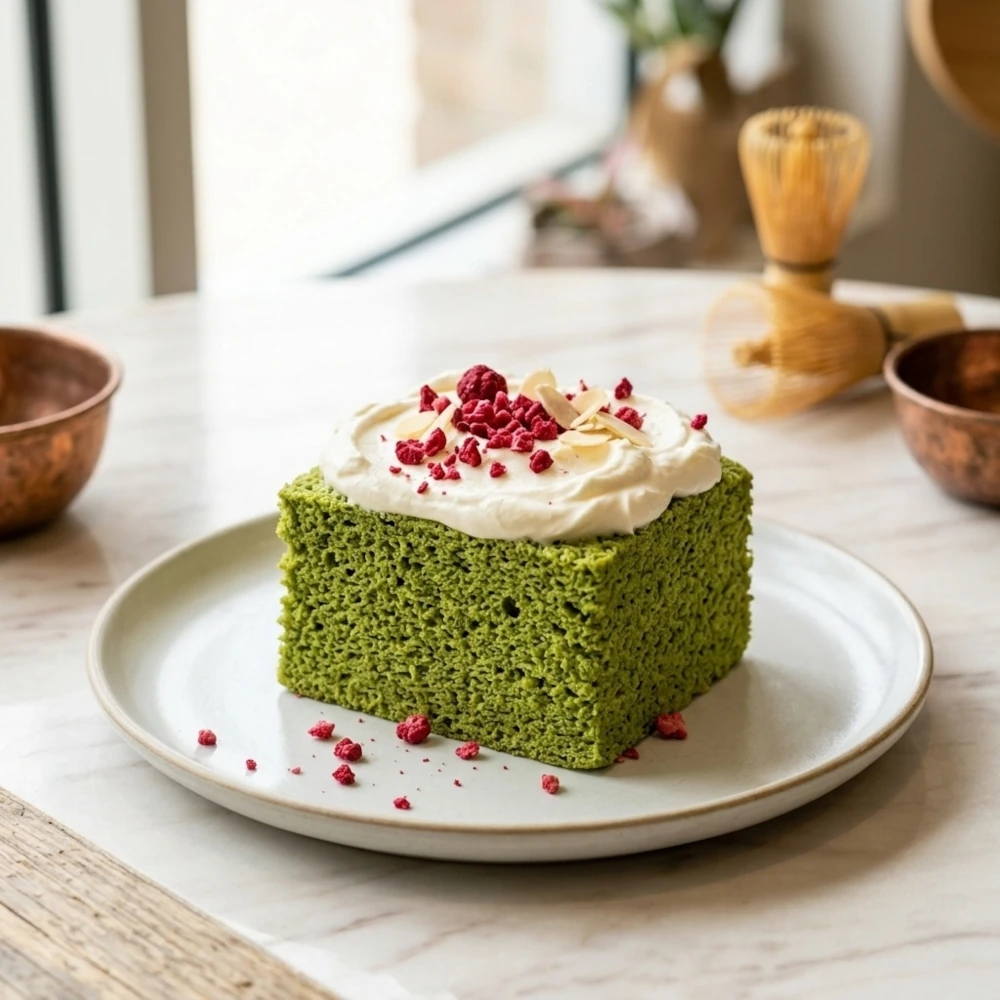 Bolo fofo de matcha com creme de mascarpone, decorado com chantilly e framboesas liofilizadas