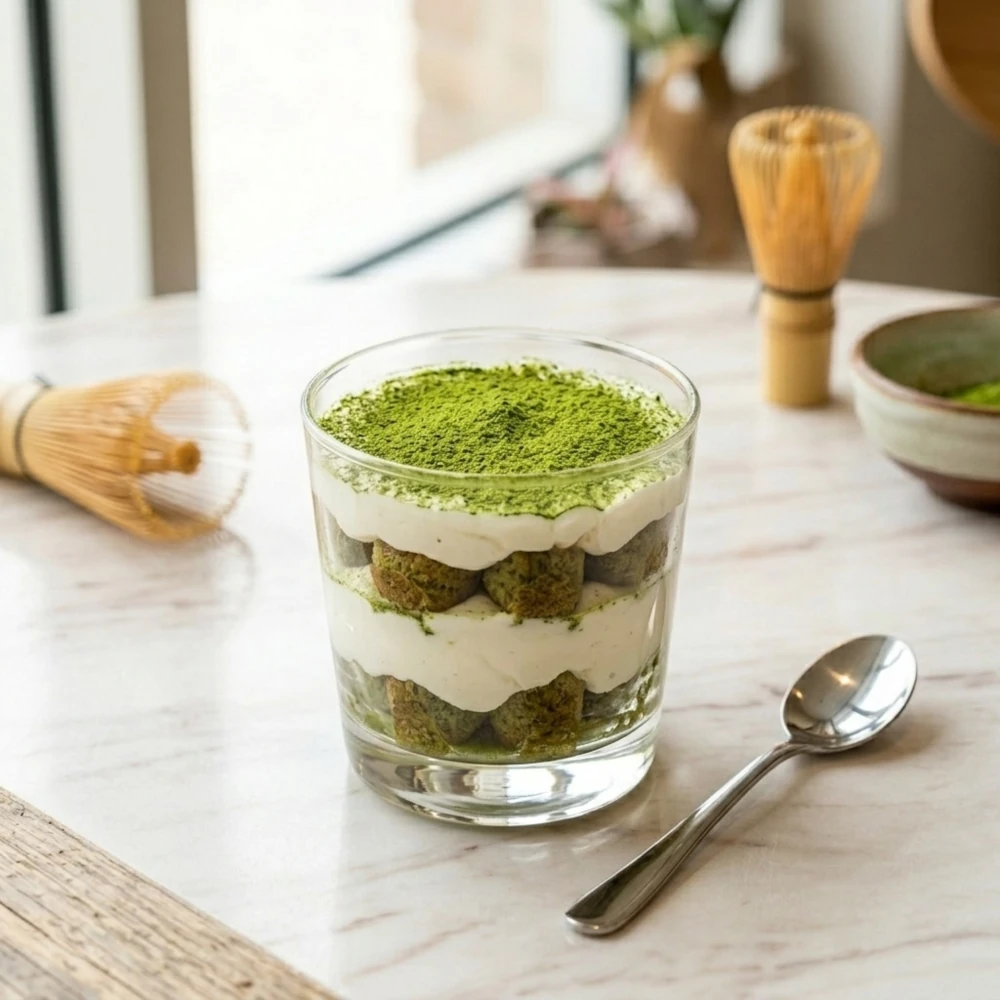 Uma sobremesa de tiramisu de matcha em camadas, servida num copo