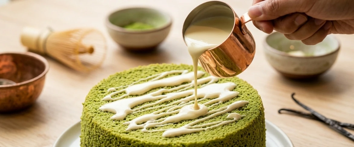 Decorar um bolo verde com uma cobertura leve, ou seja, um espetacular bolo de matcha com chocolate branco