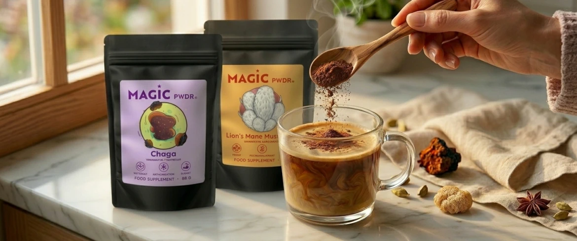 Consumo diário de cogumelos adaptogénicos em pó – adicionar extrato em pó de cogumelo «juba de leão» ao café