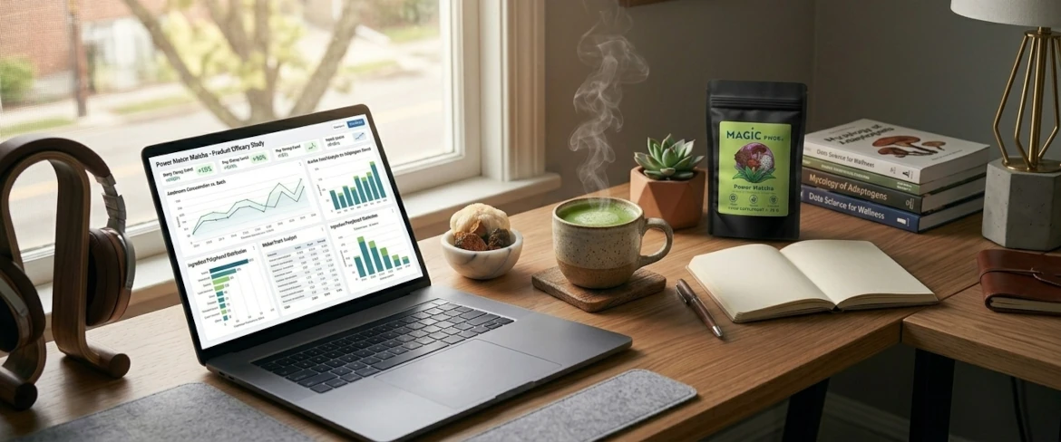 Espaço de trabalho moderno com computador portátil e uma bebida que ajuda a manter a concentração, elaborada com extrato de cogumelos medicinais