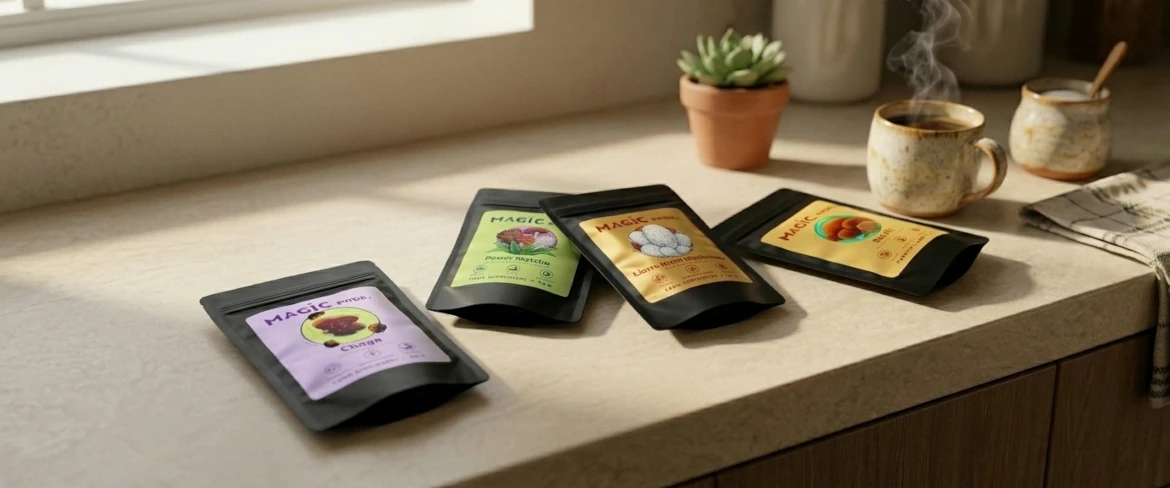 Suplementos à base de cogumelos numa bancada de cozinha, apresentando toda a gama Magic Pwdr, incluindo reishi, chaga e lion's mane