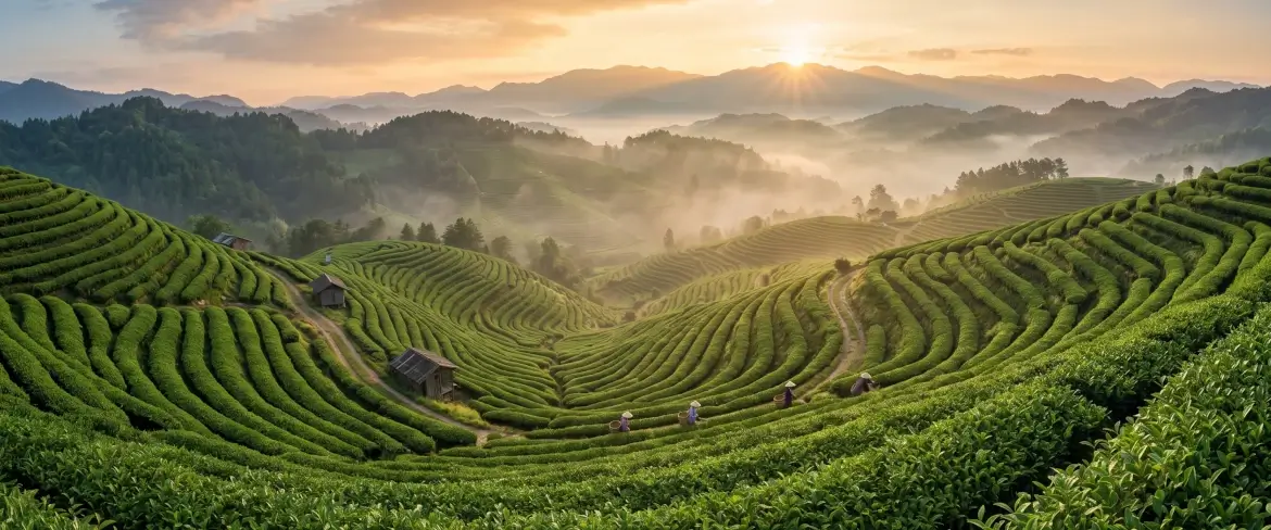 Plantação de chá pitoresca ao nascer do sol.