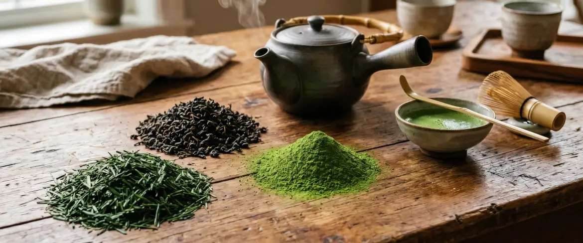 Folhas de chá a granel sobre uma mesa de madeira: chá verde chinês, matcha japonês em pó e chá preto indiano enrolado.