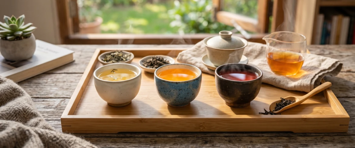 Três chávenas de infusões quentes numa bandeja de bambu, representando diferentes tipos de chá: o delicado chá chinês, o fresco chá japonês e o robusto chá indiano.