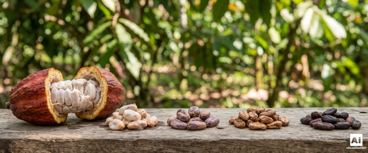 Frutos de cacau e grãos de cacau, com uma plantação tropical ao fundo.