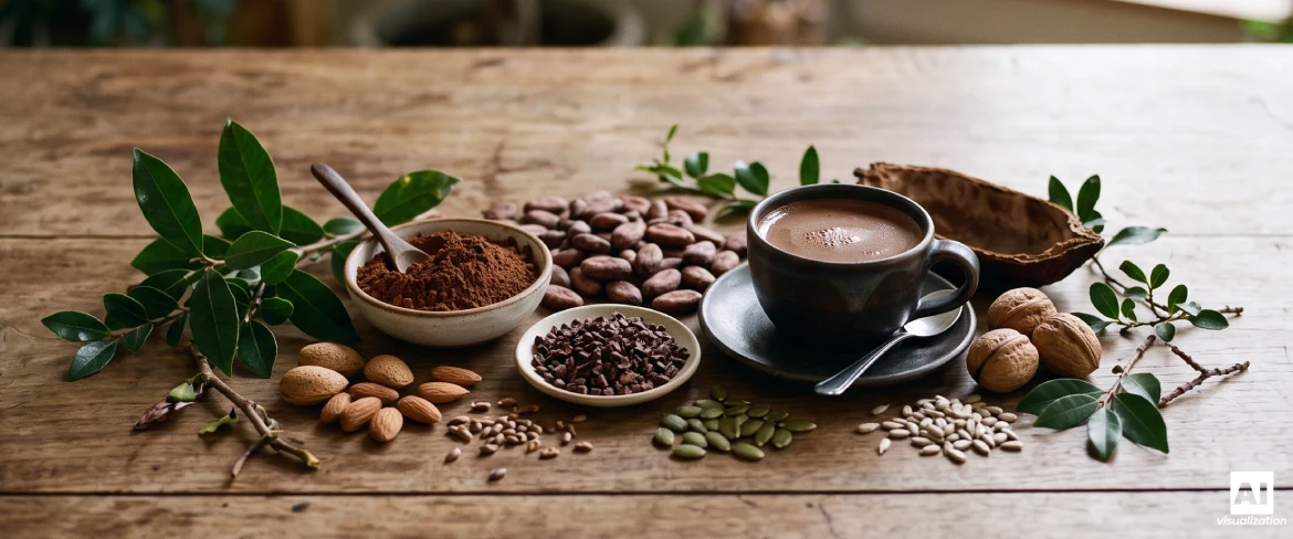 Uma chávena de chocolate quente com cacau em pó, grãos de cacau e ingredientes de origem vegetal.