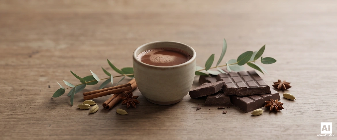 Bebida de chocolate feita com cacau cerimonial, especiarias e pedaços de chocolate.