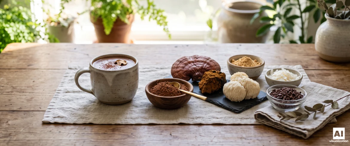 Uma caneca de chocolate quente, cacau em pó, cogumelos reishi, chaga e lion's mane, e grãos de cacau sobre uma mesa de madeira.