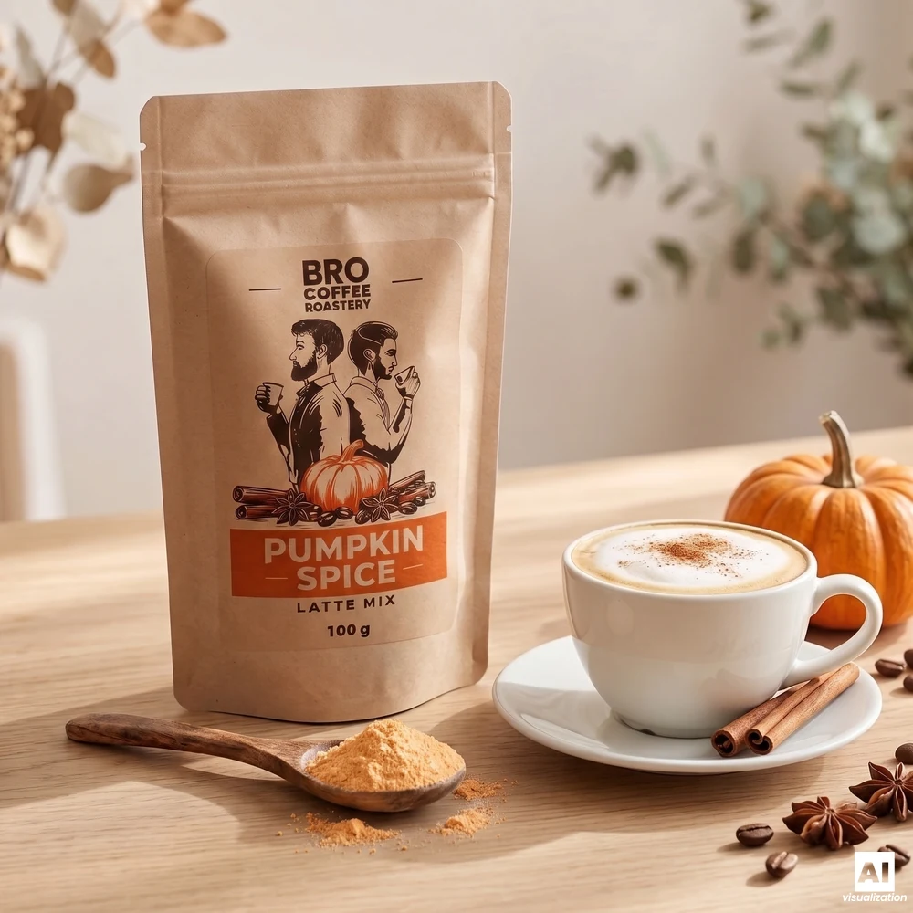 Mistura para Pumpkin Spice Latte da Bro Coffee Roastery, uma colher de pau com pó de abóbora e uma chávena de latte polvilhada com canela.