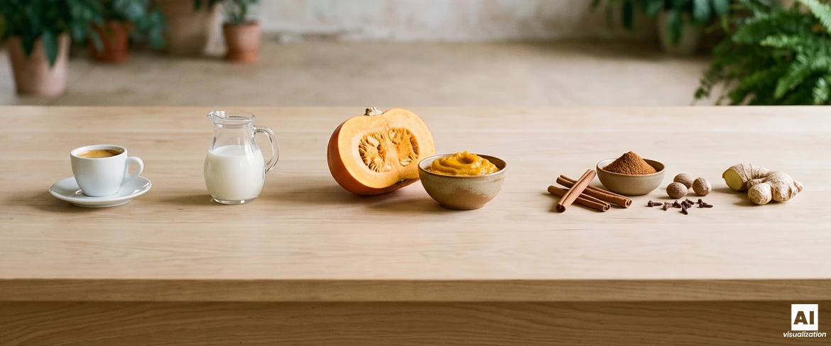 Ingredientes para o café de abóbora numa mesa de madeira: café expresso, leite, abóbora, puré de abóbora, canela, noz-moscada, cravo-da-índia e gengibre.