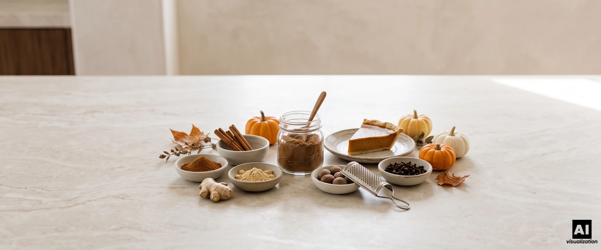 Mistura caseira de especiarias de abóbora num frasco, com canela, gengibre, noz-moscada, cravo-da-índia e uma fatia de tarte de abóbora ao lado.