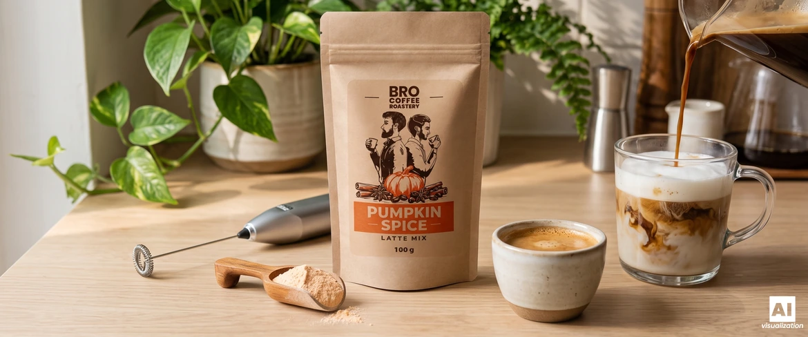 Mistura para Pumpkin Spice Latte da Bro Coffee Roastery, um batedor de leite e um expresso a ser servido num copo com espuma de leite.