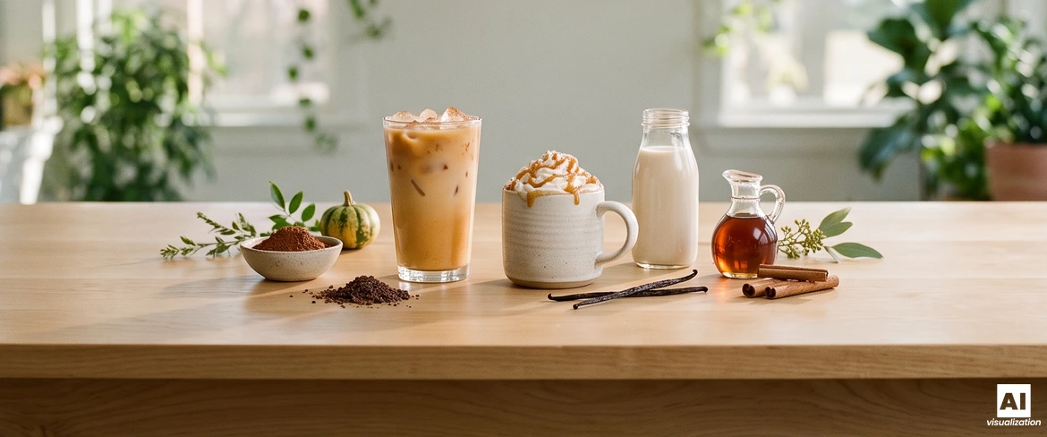 Café gelado de abóbora com gelo e um latte quente de abóbora com caramelo, ao lado de uma bebida à base de plantas, xarope de ácer, cacau e baunilha.