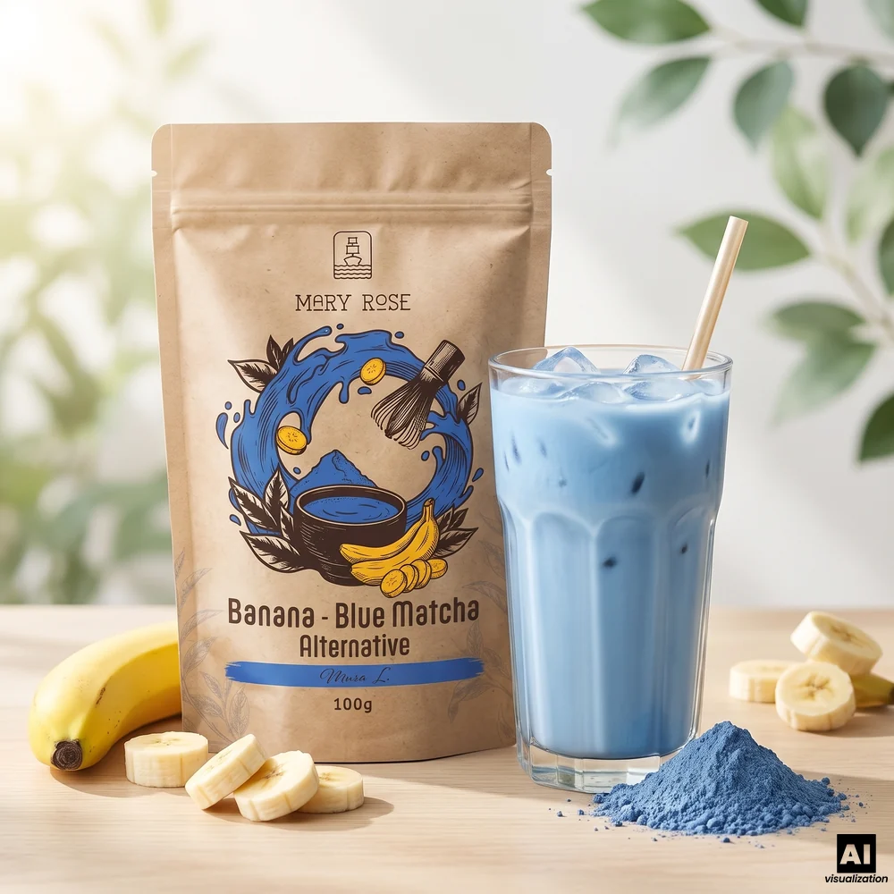 Mary Rose Blue Matcha Alternative – matcha azul com banana e espirulina, ao lado de um latte gelado azul e de uma banana.