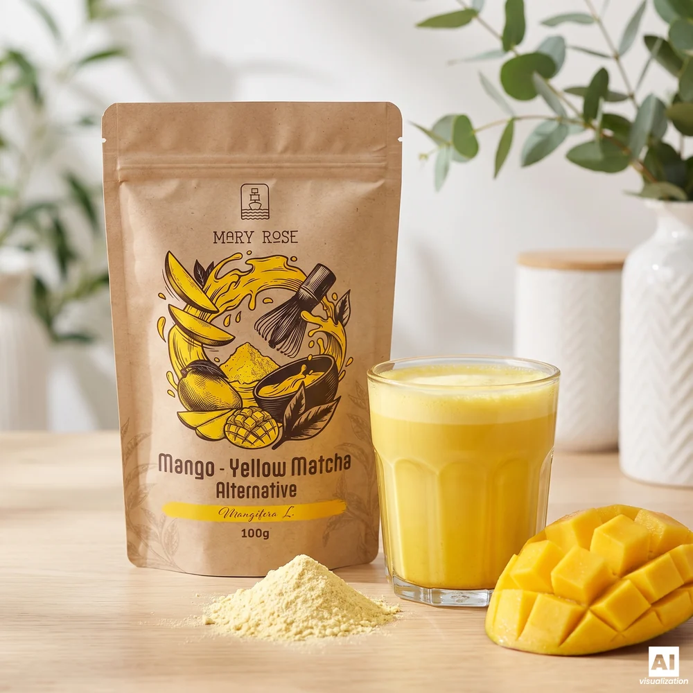Mary Rose Yellow Matcha Alternative (matcha de manga): uma embalagem, uma bebida amarela, pó e manga cortada em cubos.
