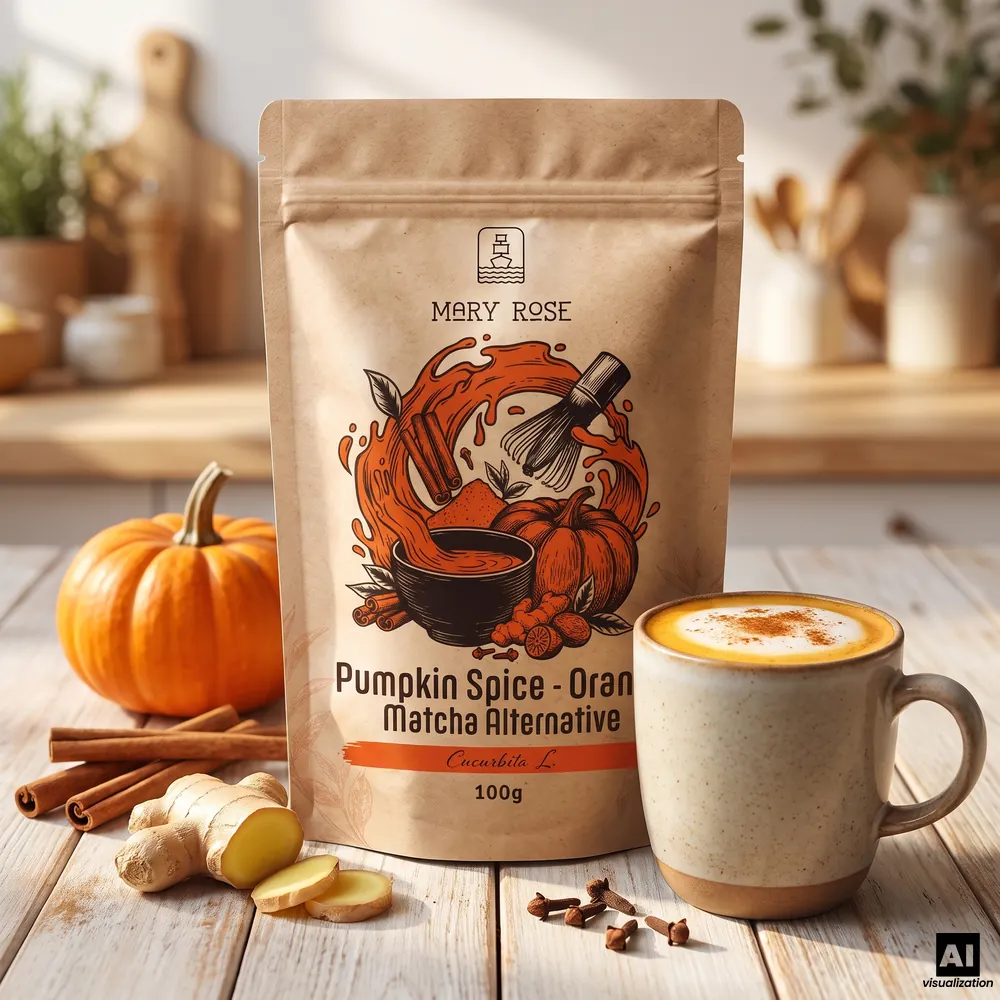 Matcha de laranja Mary Rose com especiarias de abóbora, ao lado de um latte com canela, uma abóbora, paus de canela, gengibre e cravo-da-índia.