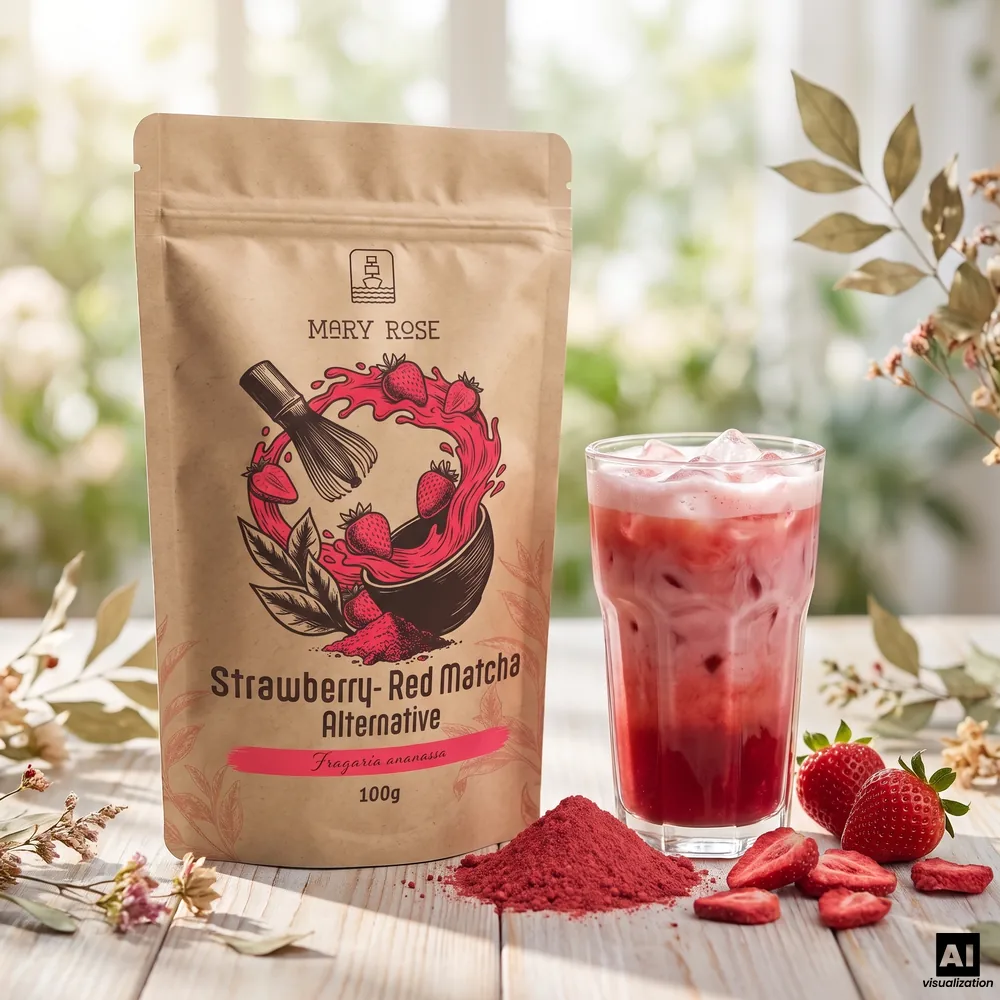 Matcha «Mary Rose» vermelho, feito de morango liofilizado, ao lado de um latte gelado de morango vermelho, em pó e morangos frescos.