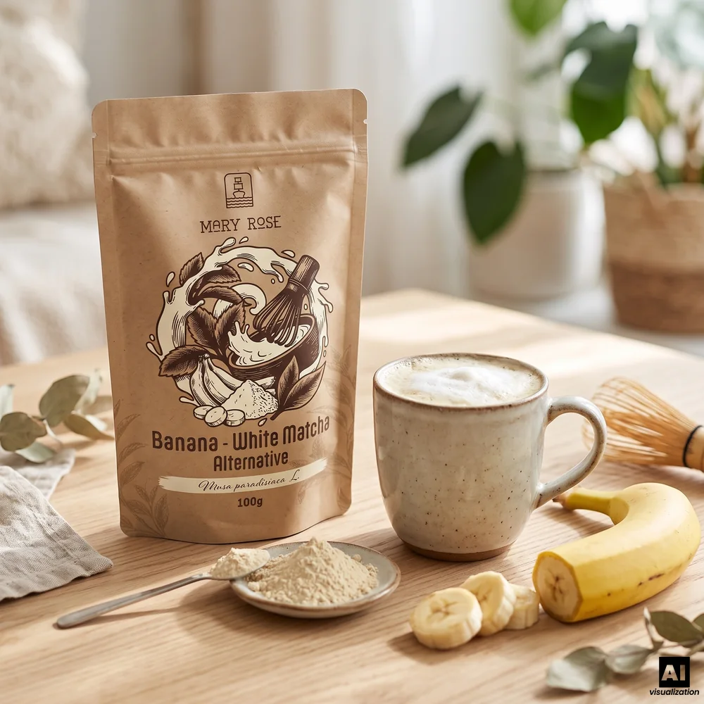 Matcha branco Mary Rose: banana em pó liofilizada, ao lado de uma caneca de latte cremoso de banana, um batedor chasen e uma banana.