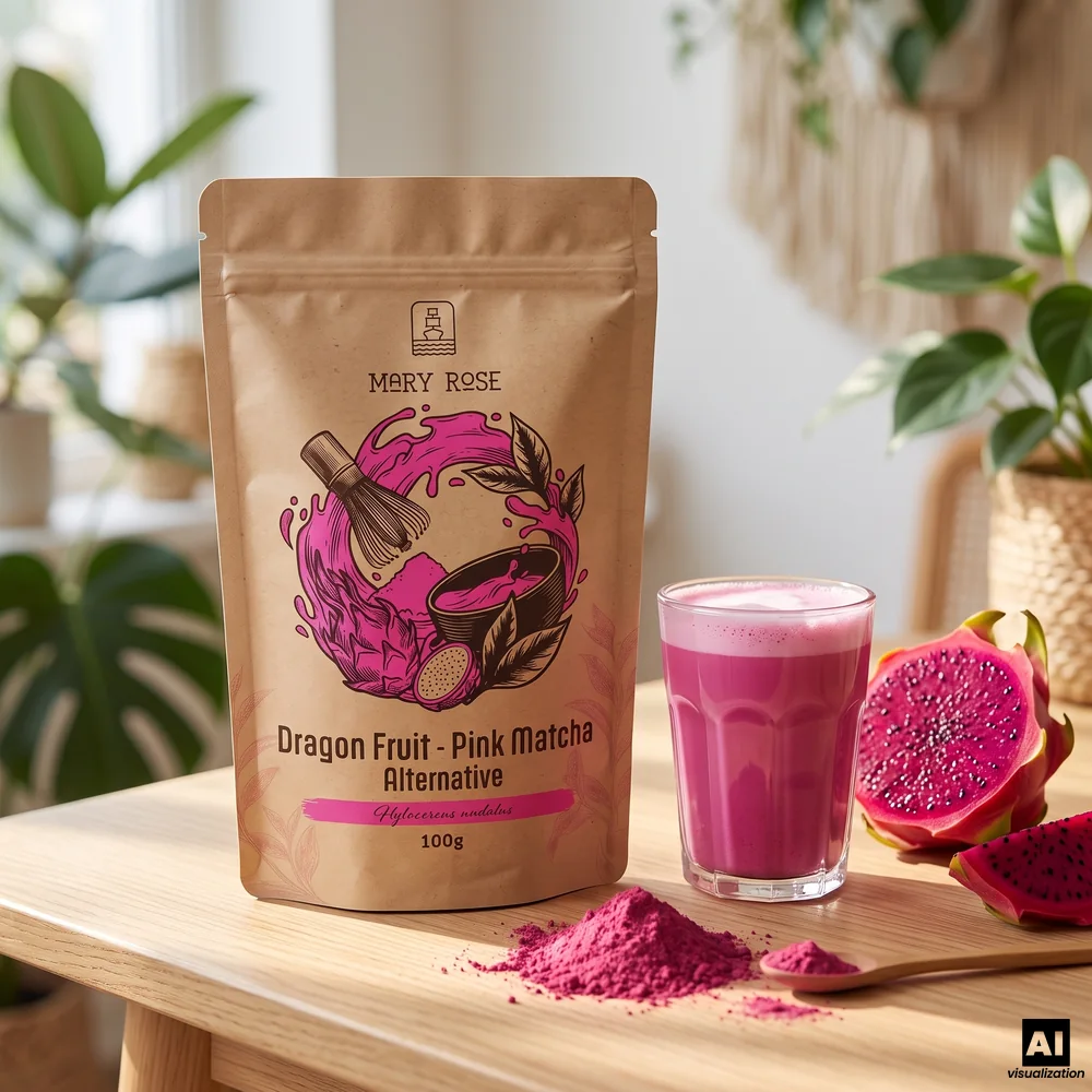 Matcha rosa «Mary Rose», feito de pitaya liofilizada, ao lado de um latte rosa, em pó e de uma pitaya vermelha cortada ao meio.