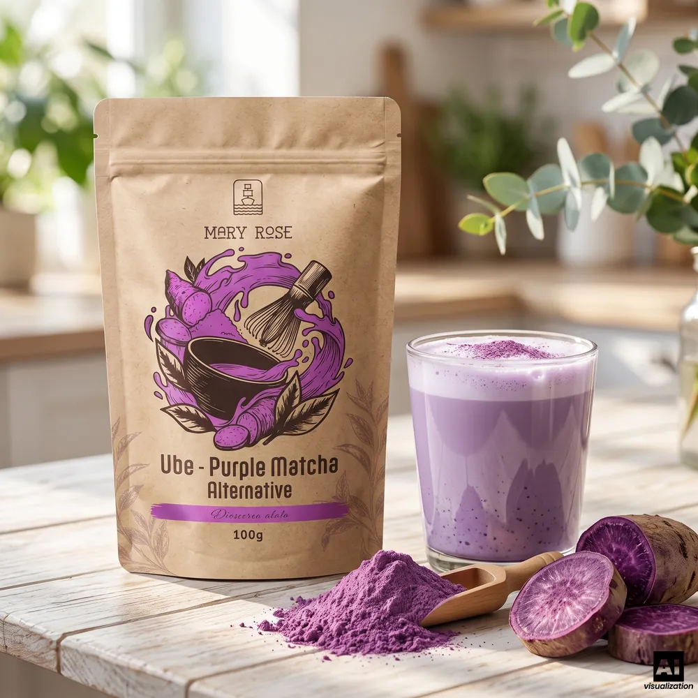 Matcha roxo Mary Rose: ube em pó, ao lado de um latte de ube roxo, pó numa colher de madeira e fatias de tubérculo roxo.