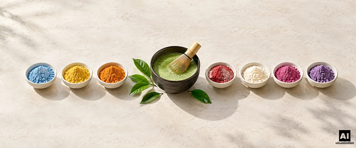 Matcha verde clássico numa taça com um batedor chasen e, ao lado, matcha colorido em sete pequenas taças com pó.