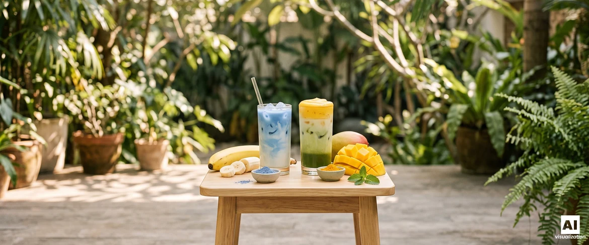 Matcha azul com banana e um latte de matcha com manga em camadas e espuma amarela, ao lado de uma banana fresca e manga cortada em cubos.