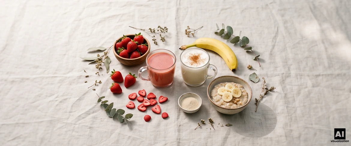 Matcha vermelho numa caneca, na forma de um latte de morango e um latte de banana com canela, ao lado de morangos, uma banana e papas de aveia.