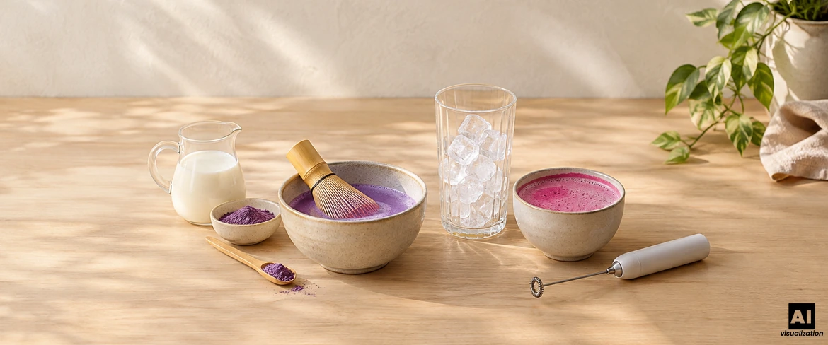 A preparar um matcha colorido: ube roxo numa taça com um batedor chasen, uma bebida cor-de-rosa, leite, gelo e um batedor elétrico de leite.