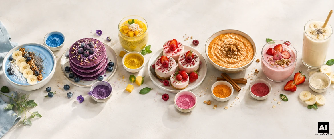 Pós coloridos na cozinha: uma taça de batido azul, panquecas roxas de ube, pudim de manga e mini-cheesecakes cor-de-rosa.