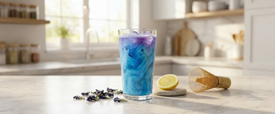 O que é o matcha azul e que aspeto tem? Matcha azul de clitoria ternatea servido com limão