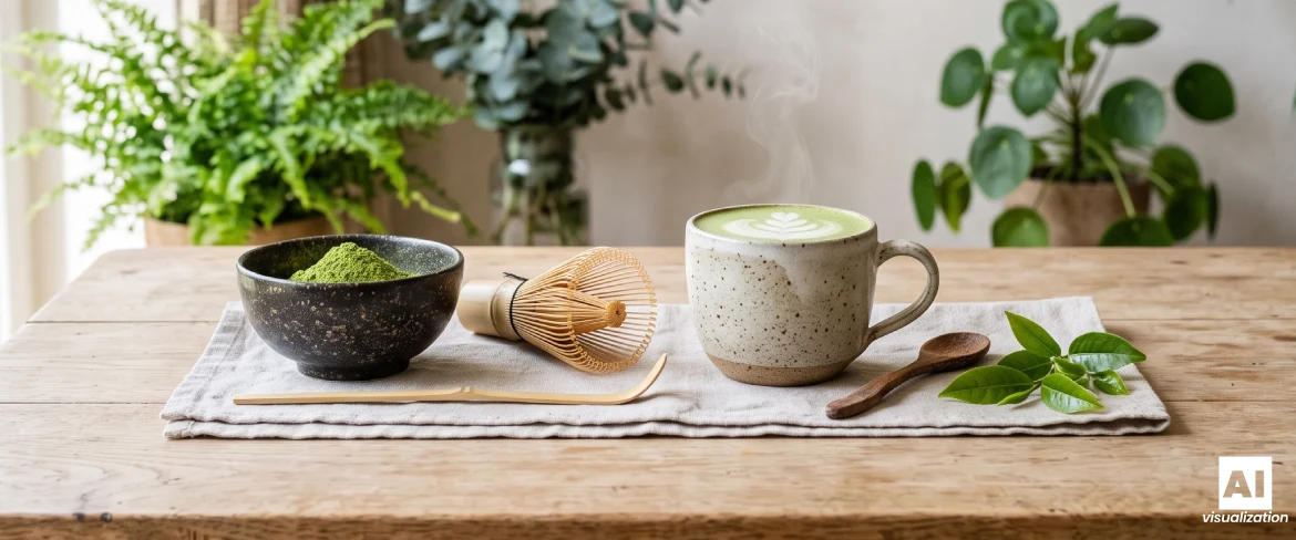 Matcha latte com leite numa chávena de cerâmica, uma taça de matcha em pó e um batedor de bambu.