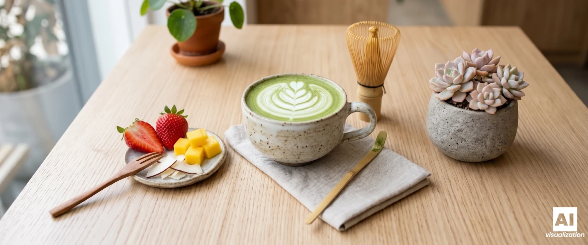 Um matcha latte com leite, um batedor de bambu e morangos, manga e coco sobre uma mesa.